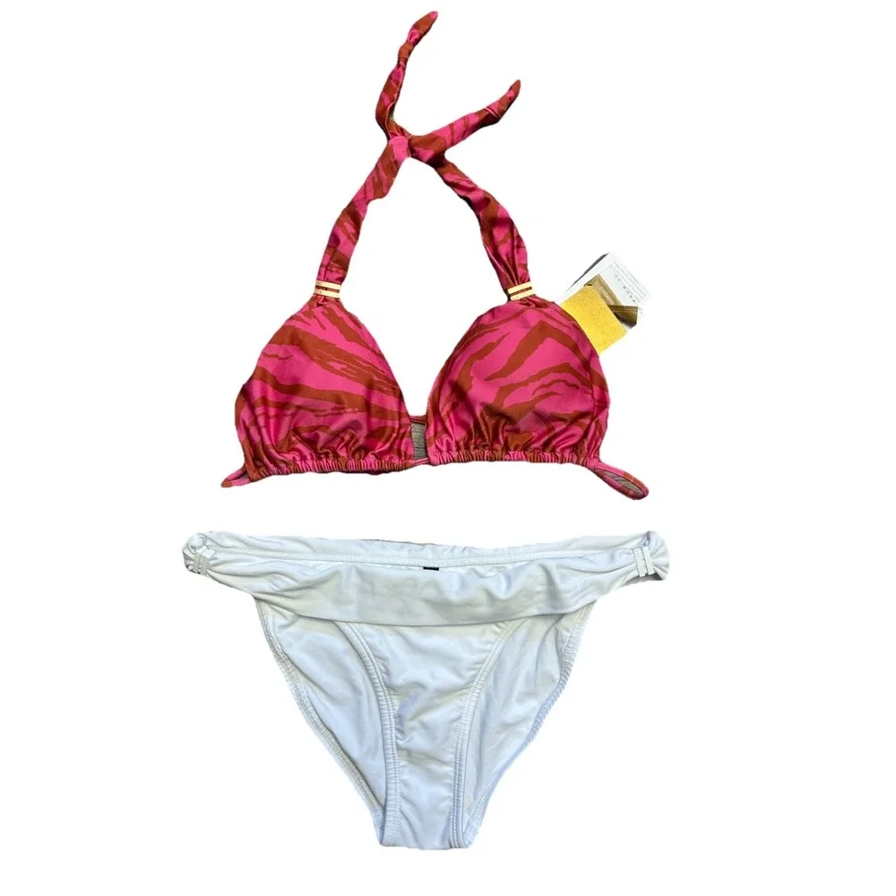 VIX Paula Hermanny Bikini Set S White Bottom L Pink Animal Print‎ Top Bia NEW